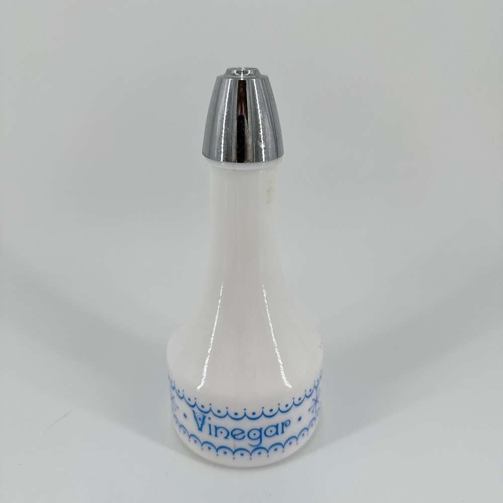 Vintage Milk Glass Vinegar Cruet Blue Snowflake Scallop Pattern Chrome Top